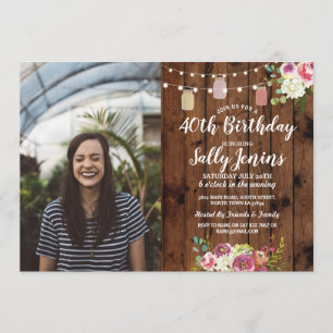 Rustic Jars Photo Birthday Party Wood Floral Invitation