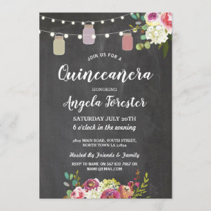 Rustic Jars Quinceanera Party Chalk Floral Lights Invitation