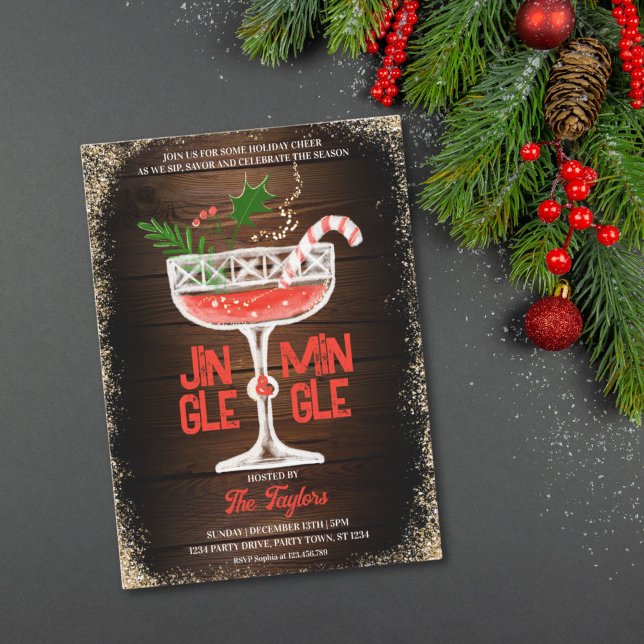 Rustic Jingle and Mingle Christmas Cocktail Party Invitation (RUSTIC WOOD BACKGROUND JINGLE AND MINGLE COCKTAIL PARTY INVITATION)