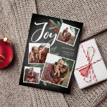 Rustic Joy | Christmas Photo Collage Holiday Card<br><div class="desc">Our beautiful rustic chic holiday photo card features four of your favourite square family photos in a collage layout. "Joy" appears at the top in white hand lettered brush script typography on a chalkboard background accented with green watercolor leaves and red holly berries. Customise with your family name and individual...</div>