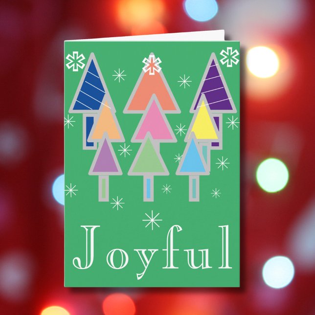 Rustic, Joyful Holiday Script Name Green Christmas Card ('Joyful' green holiday card with colorful abstract art Christmas trees.)
