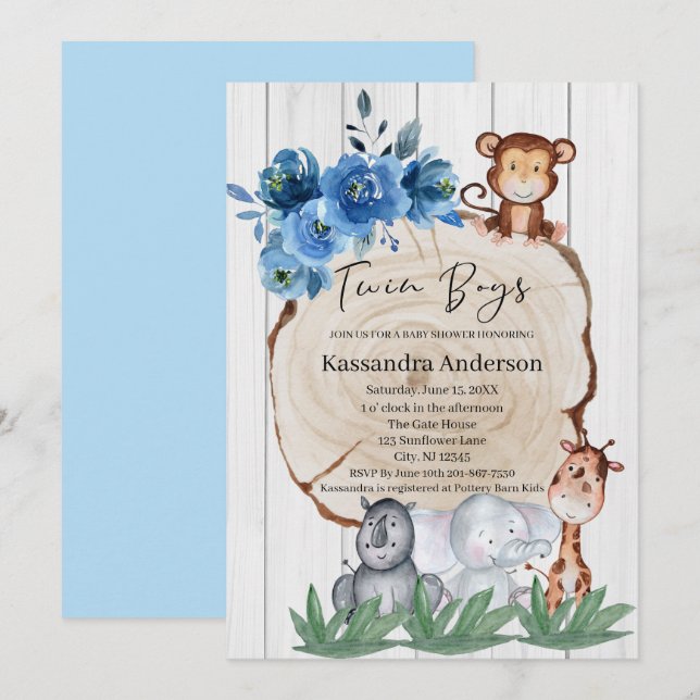 Rustic Jungle Animal Blue Floral Twins Baby Shower Invitation (Front/Back)