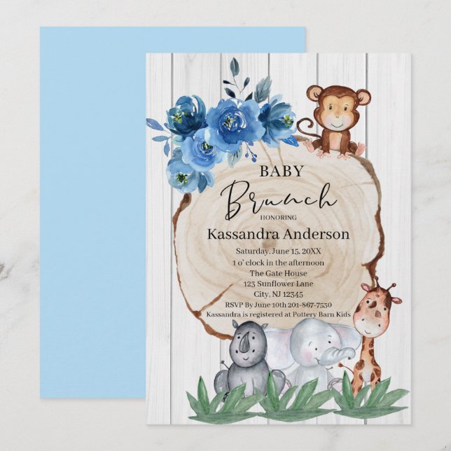 Rustic Jungle Animals Blush Floral Baby Brunch Invitation (Front/Back)