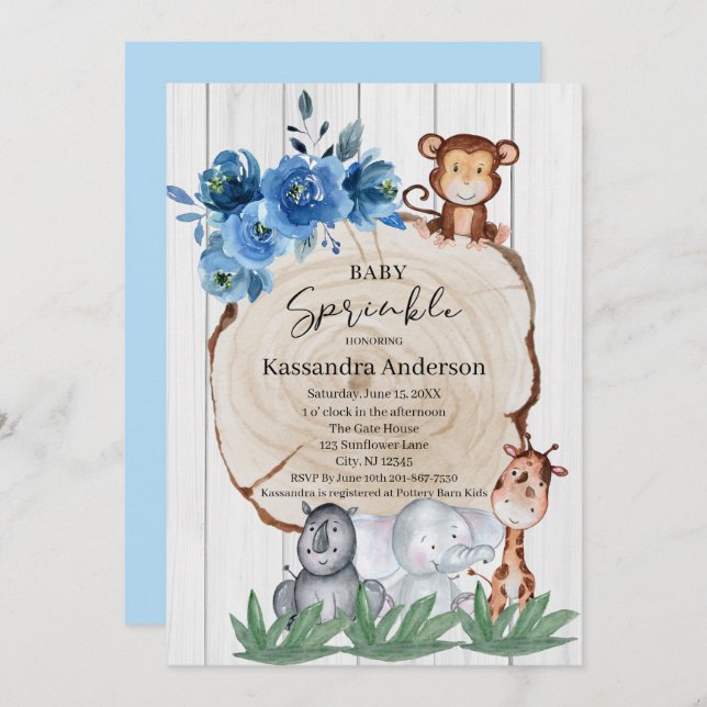 Rustic Jungle Animals Blush Floral Baby Sprinkle Invitation (Front/Back)