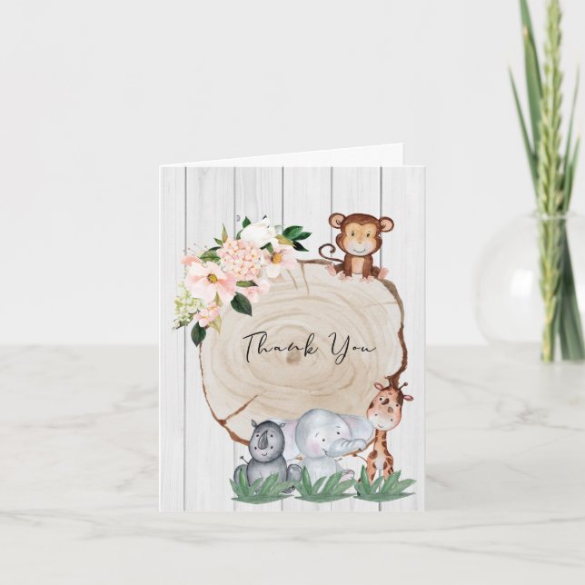 Rustic Jungle Animals Blush Floral Thank You Card (Front)