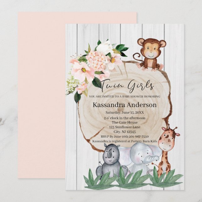 Rustic Jungle Animals Floral Twin Baby Shower Invitation (Front/Back)