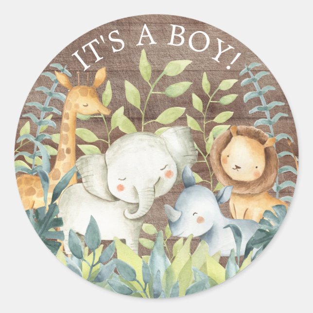 Rustic Jungle Animals It' a Boy Favour Sticker (Front)