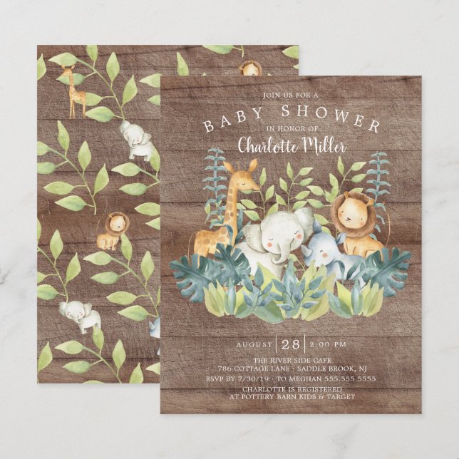 Rustic Jungle Animals Neutral Baby Shower Invitation (Front/Back)