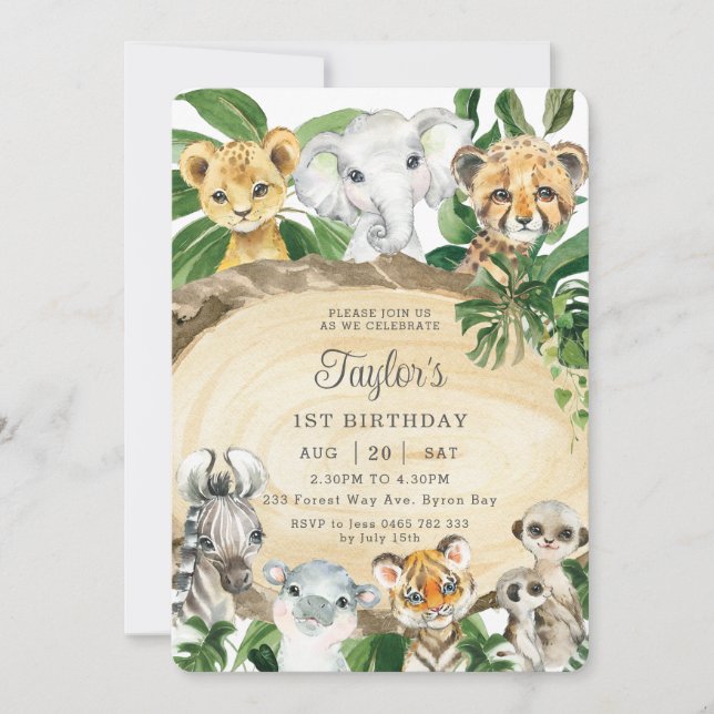Rustic Jungle Animals Wood Greenery Birthday Party Invitation (Front)
