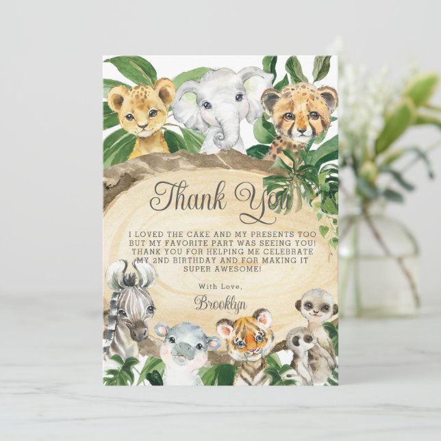 Rustic Jungle Animals Wood Greenery Birthday Party Thank You Card (Standing Front)