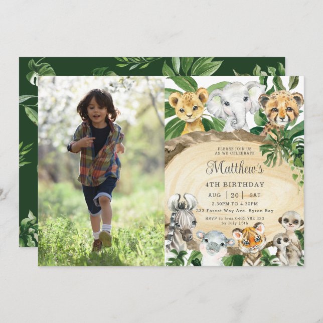 Rustic Jungle Animals Wood Greenery Birthday Photo Invitation (Front/Back)