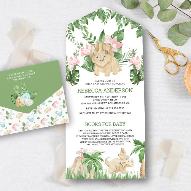 Rustic Jungle Cute Floral Dinosaur Baby Shower All In One Invitation (Creator Uploaded)