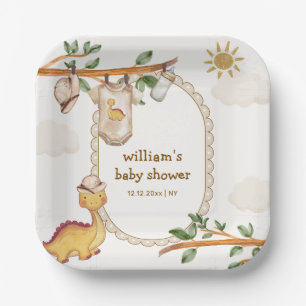 Rustic Jungle Dino Clothesline Boy Baby Shower Paper Plate