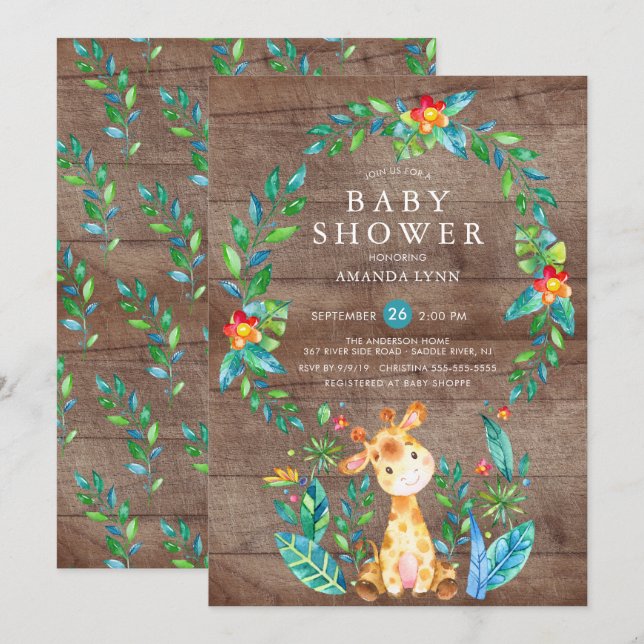 Rustic Jungle Giraffe Boy Baby Shower Invitation (Front/Back)