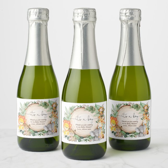 Rustic Jungle Safari Animals Baby Shower Favours Sparkling Wine Label (Bottles)