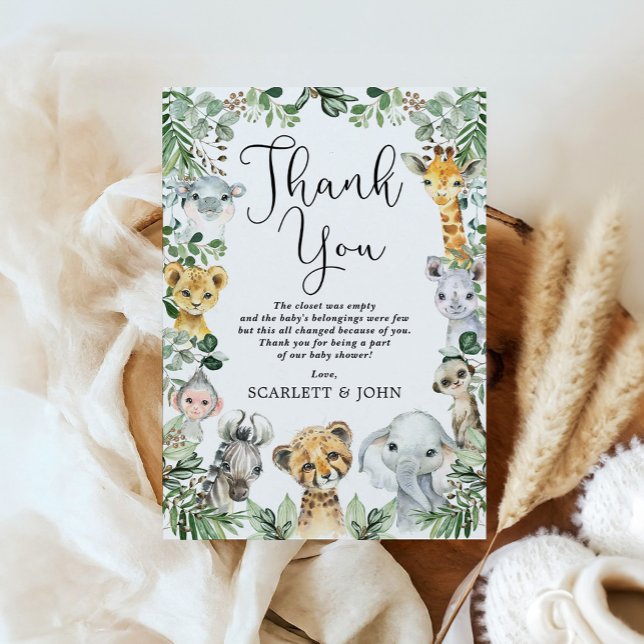 Rustic Jungle Safari Animals Greenery Baby Shower Thank You Card (Creator Uploaded)