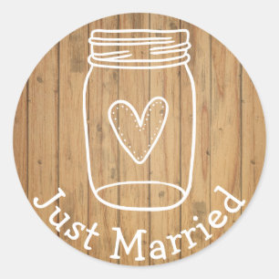 Rustic Just Married Mason Jar Wood Country Wedding Classic Round Sticker