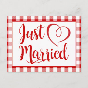 Rustic Just Married Red Gingham Checks Wedding Announcement Postcard