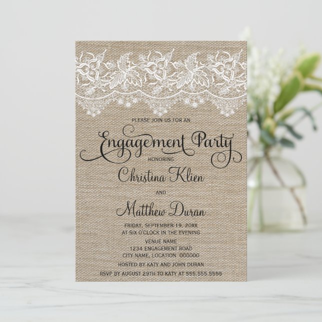 Rustic Jute and Lace Engagement Party Invitation (Standing Front)