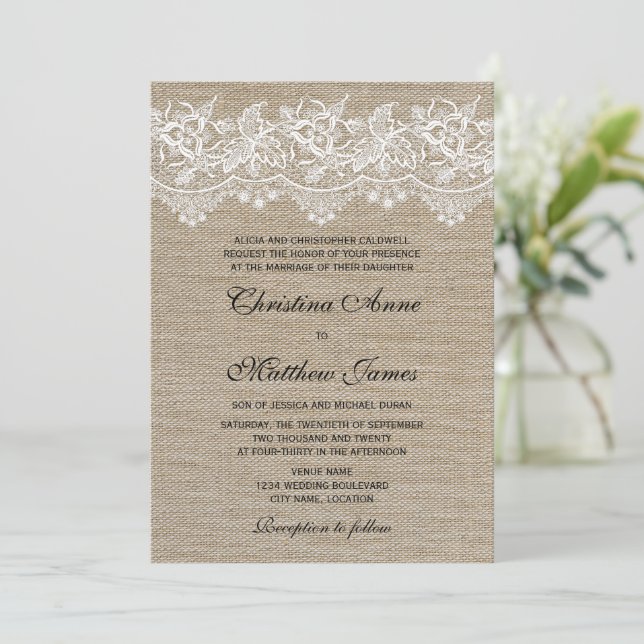 Rustic Jute and Lace Wedding Invitation (Standing Front)