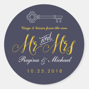 Rustic Key Script Mr and Mrs Wedding Favour Sticke Classic Round Sticker