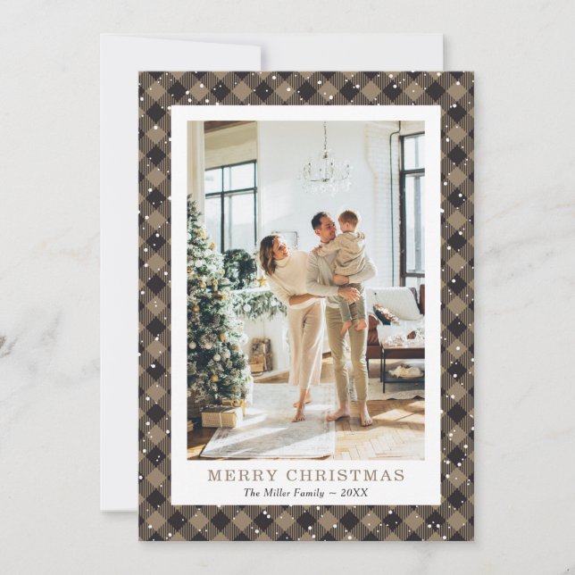 Rustic Khaki Plaid Snow Photo Merry Christmas Holiday Card (Front)