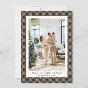 Rustic Khaki Plaid Snow Photo Merry Christmas Holiday Card