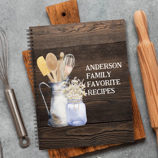 Rustic Kitchen Utensil Flower Brown Wooden Recipe Notebook (In situ)