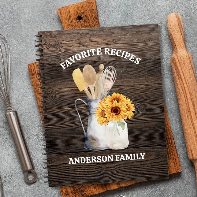 Rustic Kitchen Utensil Sunflower Brown Wood Recipe Notebook (In situ)