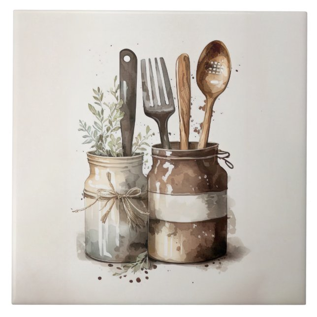 Rustic Kitchen Utensils Watercolors Ceramic Tile (Front)