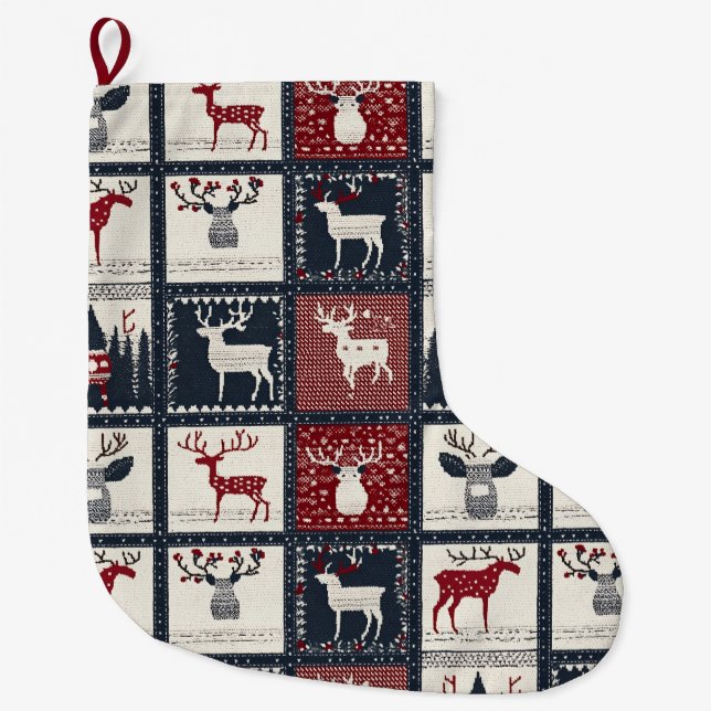 Rustic Knitted Patchwork Pattern | Nordic Large Christmas Stocking (Front)