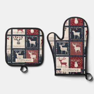 Rustic Knitted Patchwork Pattern   Nordic Oven Mitt & Pot Holder Set