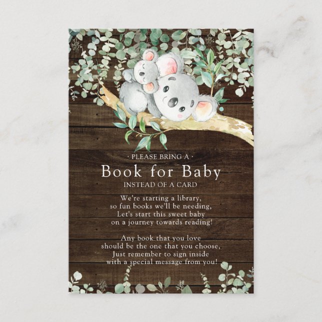 Rustic Koala Bear Baby Shower Book for Baby Card (Front)