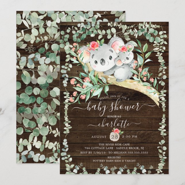 Rustic Koala Bear Girls Baby Shower Invitation (Front/Back)