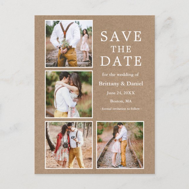 Rustic Kraft 4 Photo Engagement Save the Date Postcard (Front)