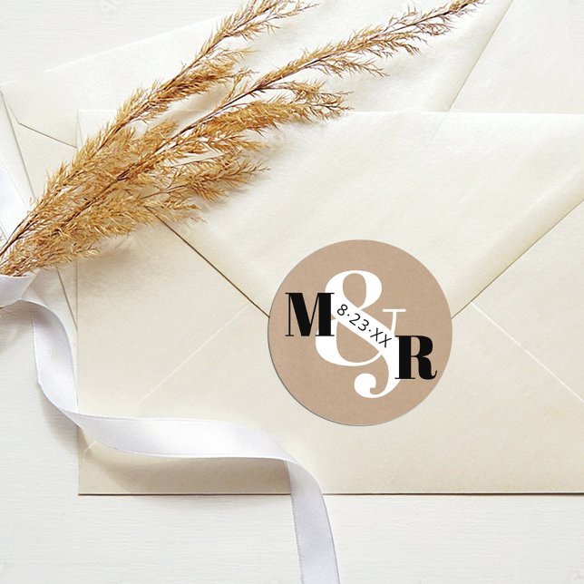 Rustic Kraft Ampersand Monogram Wedding Envelope Classic Round Sticker (Elegant rustic kraft modern black and white ampersand monogram wedding invitation sticker label)