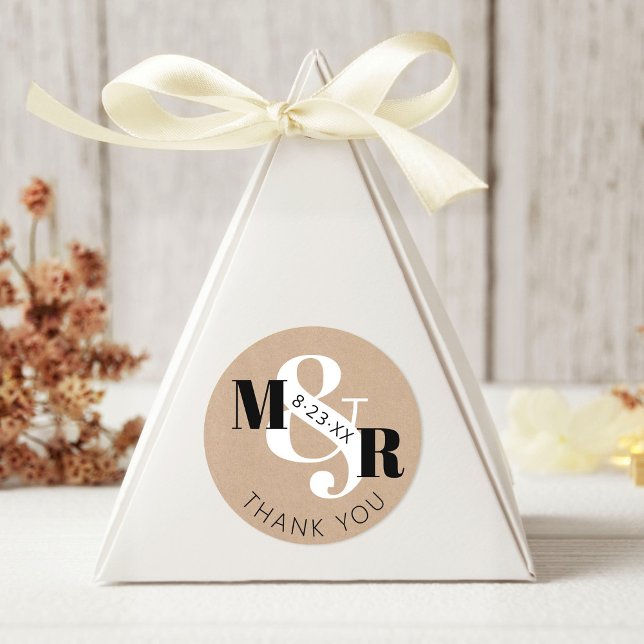 Rustic Kraft Ampersand Monogram Wedding Thank You Classic Round Sticker (Rustic kraft modern black and white ampersand classy wedding guest gift favor tag thank you sticker)