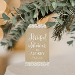 Rustic Kraft and Lace Wedding Bridal Shower Gift Tags<br><div class="desc">Wedding favour tags feature "Bridal Shower" in white script,  a monogram of the bride's first name and event date,  a charming illustrated border design of floral lace,  and a background with a rustic kraft brown paper textured appearance.</div>
