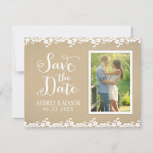 Rustic Kraft and Lace Wedding Photo Save The Date