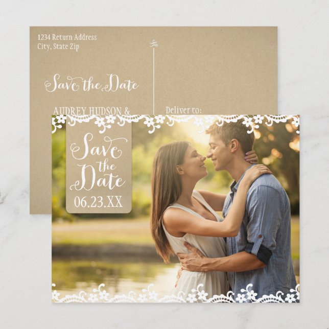 Rustic Kraft and Lace Wedding Photo Save the Date Announcement Postcard (Front/Back)