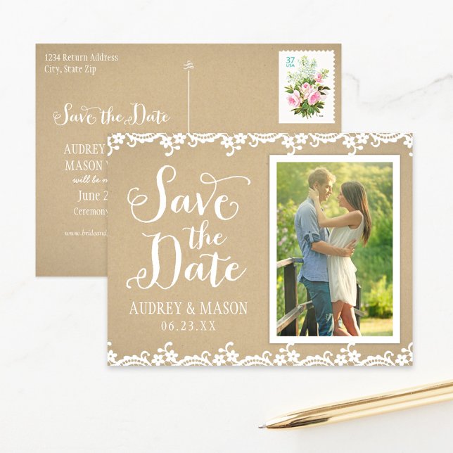 Rustic Kraft and Lace Wedding Photo Save the Date Announcement Postcard (Creator Uploaded)