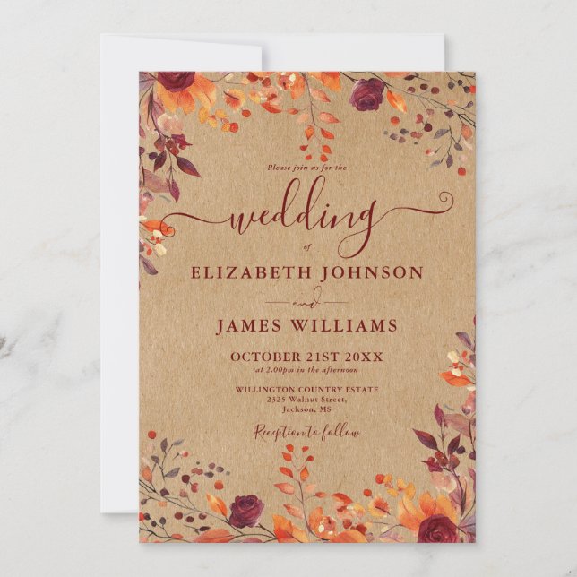 Rustic Kraft Autumn Rustic Floral Leaves Wedding Invitation (Front)