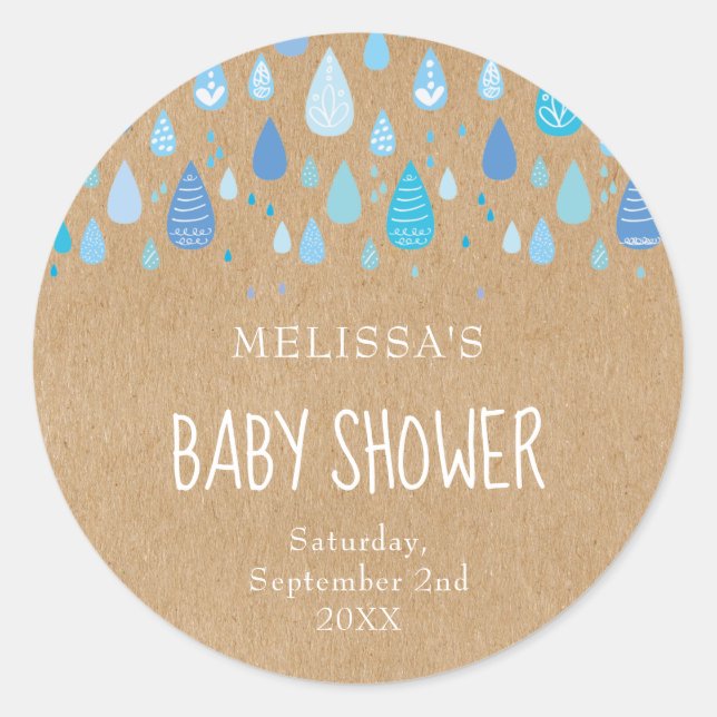 Rustic kraft baby blue raindrops baby shower classic round sticker (Front)