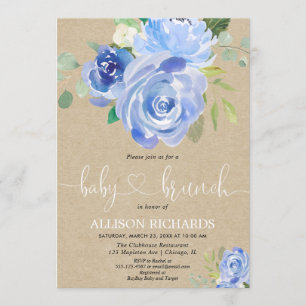 Rustic kraft Baby brunch boy shower blue floral Invitation
