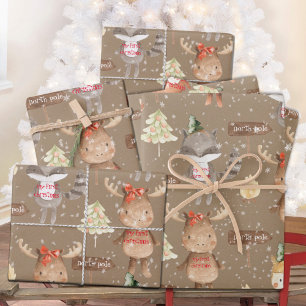 Rustic Kraft Baby First Christmas Animals Add Name Wrapping Paper Sheet