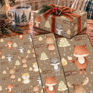 Rustic Kraft Baby First Christmas Winter Animals Wrapping Paper Sheet