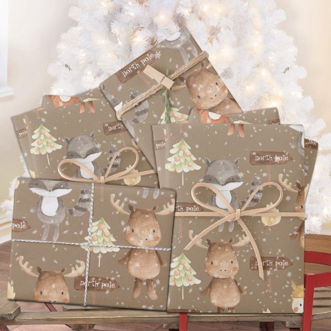 Rustic Kraft Baby First Christmas Winter Animals Wrapping Paper Sheet (Rustic Kraft Baby's First Christmas Animals Winter Holiday Wrapping Paper Sheets)