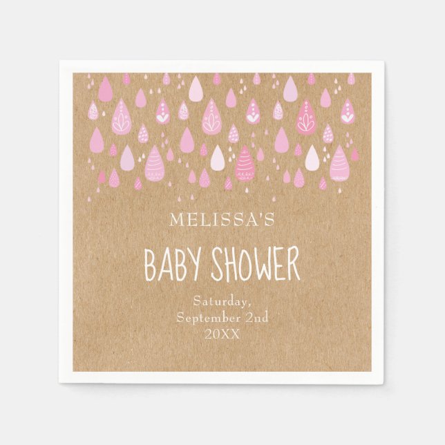 Rustic kraft baby pink raindrops baby shower napkin (Front)