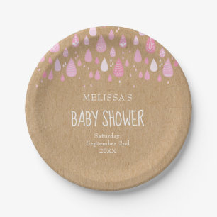 Rustic kraft baby pink raindrops baby shower paper plate