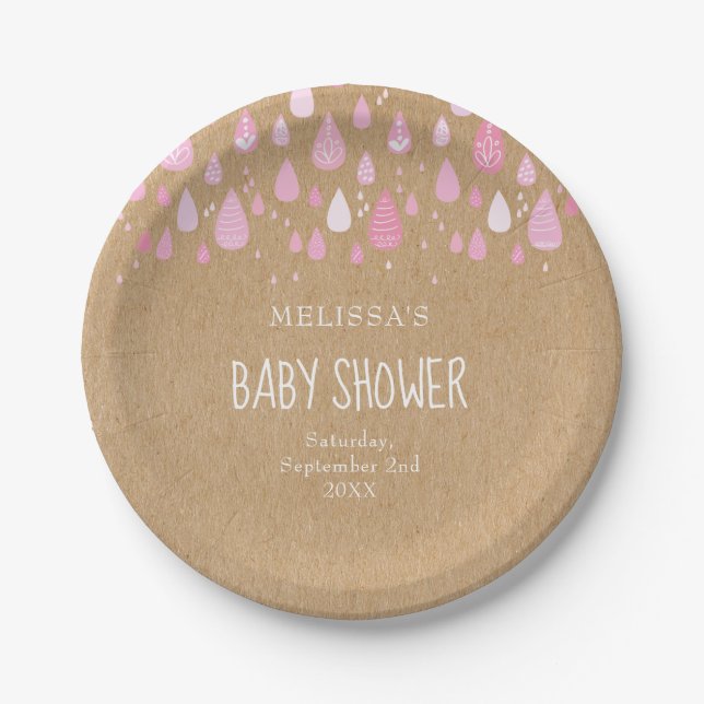 Rustic kraft baby pink raindrops baby shower paper plate (Front)